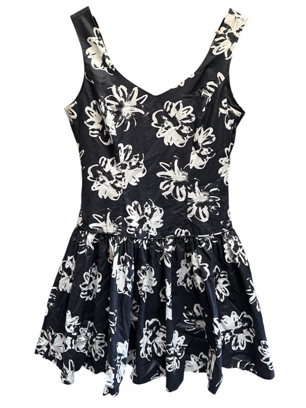 Laura Ashley Black+White Floral Fit-and-Flare Drop Waist Mini Dress size 10